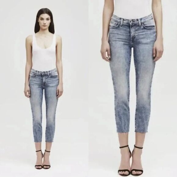 L'AGENCE El Matador Distressed Crop French Slim Jeans, Prism Blue 27 - Picture 1 of 8